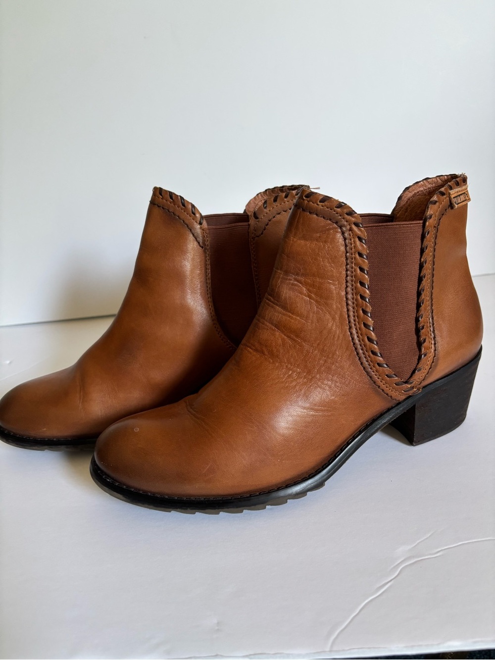 PIKOLINOS Tan Leather Ankle Booties with Braided Trim